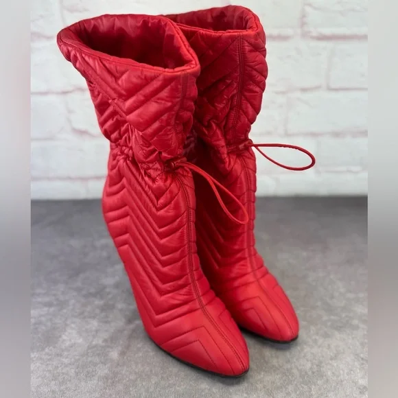 Gucci Gg Matelasse 95mm Red Nylon Slouchy Quilted Heeled Boots - Picture 4 of 13
